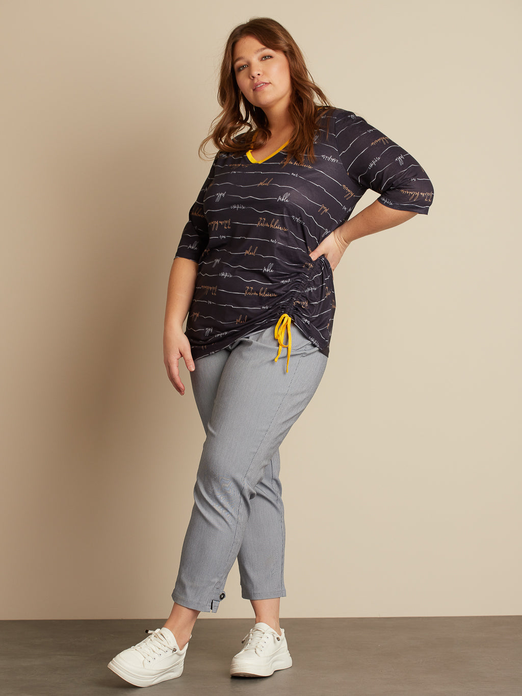 3/4-sleeve t-shirt with shirring at front